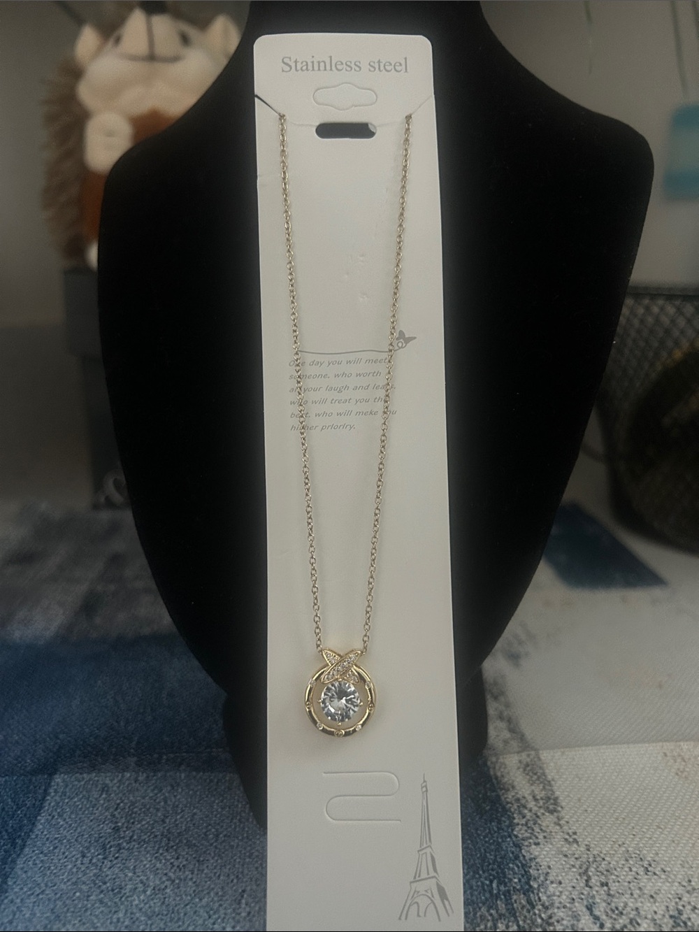 Gold Stainless Steel Necklace with Clear Pendant